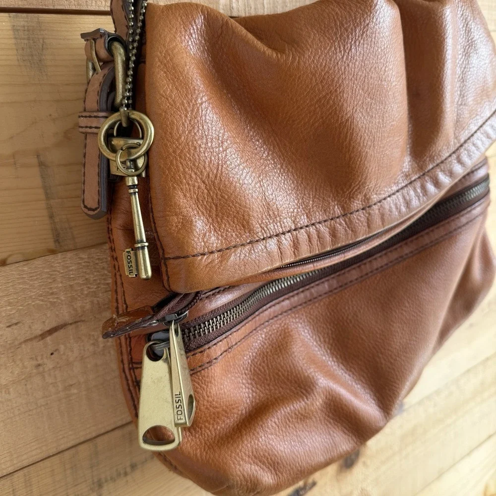 Fossil Explorer Large Brown Leather‎ Fold Over Messenger Satchel Bag Vintage